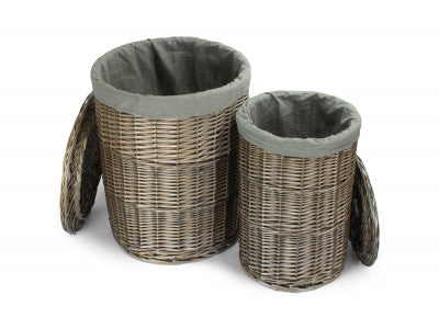 Basket, Set of 2 ANTIQUE WASH ROUND LAUNDRY BASKET with GREY SAGE LINING