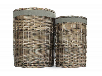 Basket, Set of 2 ANTIQUE WASH ROUND LAUNDRY BASKET with GREY SAGE LINING
