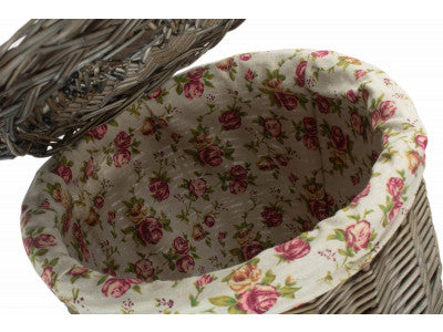 Basket, SMALL ANTIQUE WASH ROUND LAUNDRY BASKET with GARDEN ROSE LINING