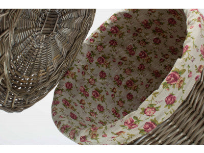 Basket, LARGE ANTIQUE WASH ROUND LAUNDRY BASKET with GARDEN ROSE LINING