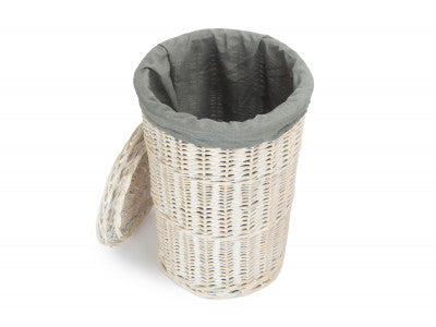 Basket, SMALL ROUND WHITE WASH LAUNDRY HAMPER with GREY SAGE LINING