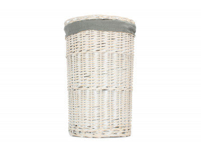 Basket, SMALL ROUND WHITE WASH LAUNDRY HAMPER with GREY SAGE LINING