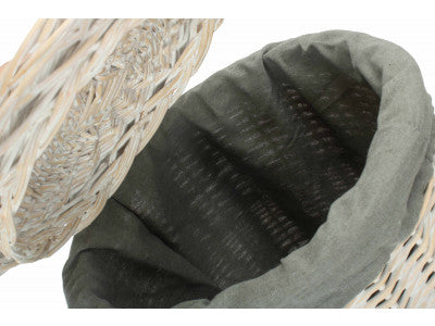 Basket, SMALL ROUND WHITE WASH LAUNDRY HAMPER with GREY SAGE LINING