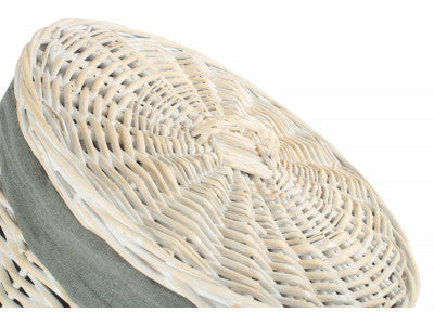 Basket, SMALL ROUND WHITE WASH LAUNDRY HAMPER with GREY SAGE LINING