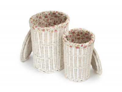 Basket, Set of 2 ROUND WHITE WASH LAUNDRY HAMPER with GARDEN ROSE LINING