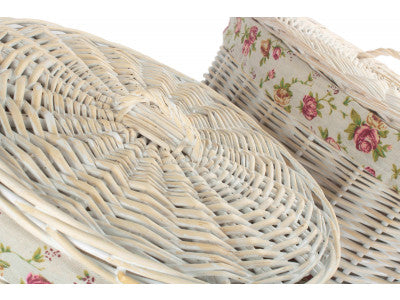 Basket, Set of 2 ROUND WHITE WASH LAUNDRY HAMPER with GARDEN ROSE LINING