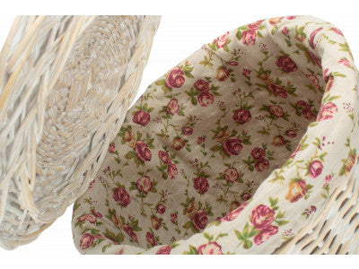 Basket, SMALL ROUND WHITE WASH LAUNDRY HAMPER with GARDEN ROSE LINING