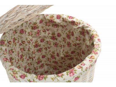 Basket, LARGE ROUND WHITE WASH LAUNDRY HAMPER with GARDEN ROSE LINING