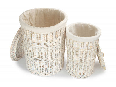 Basket, Set of 2 ROUND WHITE WASH LAUNDRY HAMPER with WHITE LINING