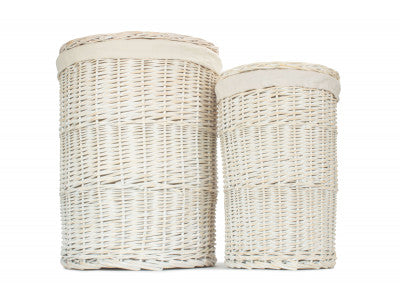 Basket, Set of 2 ROUND WHITE WASH LAUNDRY HAMPER with WHITE LINING