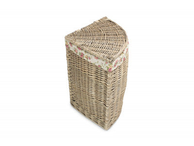 Basket, SMALL ANTIQUE WASH CORNER LAUNDRY BASKET with GARDEN ROSE LINING
