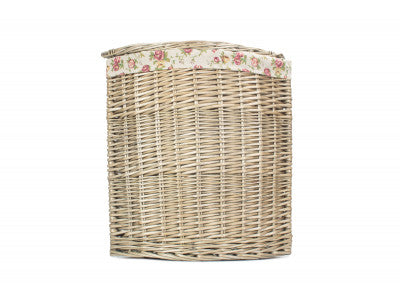 Basket, SMALL ANTIQUE WASH CORNER LAUNDRY BASKET with GARDEN ROSE LINING