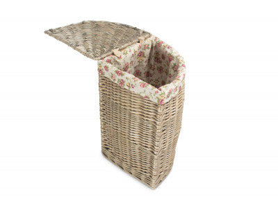 Basket, SMALL ANTIQUE WASH CORNER LAUNDRY BASKET with GARDEN ROSE LINING
