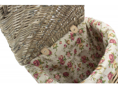 Basket, SMALL ANTIQUE WASH CORNER LAUNDRY BASKET with GARDEN ROSE LINING