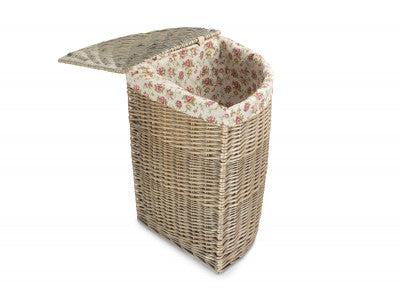 Basket, LARGE ANTIQUE WASH CORNER LAUNDRY BASKET with GARDEN ROSE LINING
