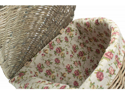 Basket, LARGE ANTIQUE WASH CORNER LAUNDRY BASKET with GARDEN ROSE LINING