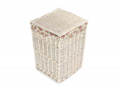 Basket, SMALL SQUARE WHITE WASH LAUNDRY HAMPER with GARDEN ROSE LINING