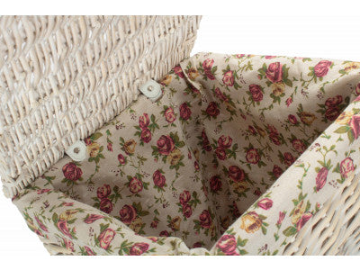 Basket, SMALL SQUARE WHITE WASH LAUNDRY HAMPER with GARDEN ROSE LINING