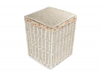 Basket, LARGE SQUARE WHITE WASH LAUNDRY HAMPER with GARDEN ROSE LINING
