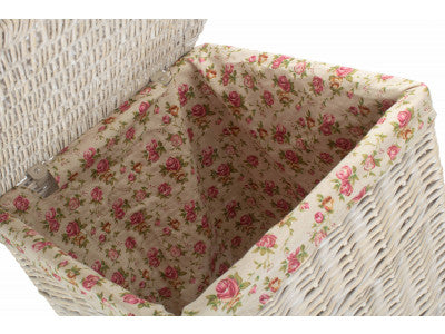 Basket, LARGE SQUARE WHITE WASH LAUNDRY HAMPER with GARDEN ROSE LINING