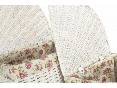 Basket, Set of 2 CORNER WHITE WASH LAUNDRY HAMPER with GARDEN ROSE LINING