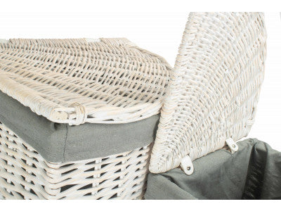 Basket, Set of 2 CORNER WHITE WASH LAUNDRY HAMPER with GREY SAGE LINING