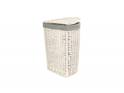 Basket, SMALL CORNER WHITE WASH LAUNDRY HAMPER wih GREY SAGE LINING