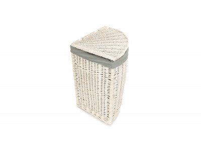 Basket, SMALL CORNER WHITE WASH LAUNDRY HAMPER wih GREY SAGE LINING