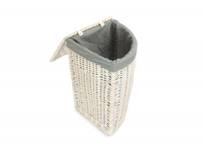 Basket, SMALL CORNER WHITE WASH LAUNDRY HAMPER wih GREY SAGE LINING