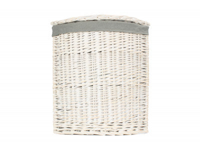Basket, SMALL CORNER WHITE WASH LAUNDRY HAMPER wih GREY SAGE LINING