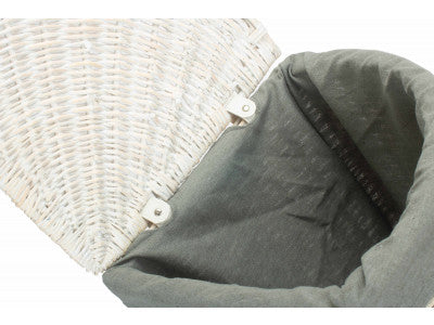 Basket, SMALL CORNER WHITE WASH LAUNDRY HAMPER wih GREY SAGE LINING