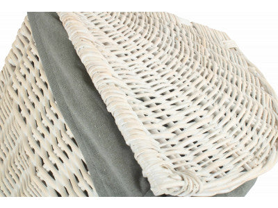 Basket, SMALL CORNER WHITE WASH LAUNDRY HAMPER wih GREY SAGE LINING