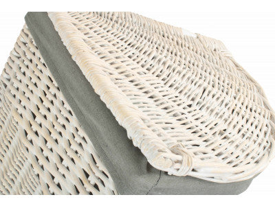 Basket, LARGE CORNER WHITE WASH LAUNDRY HAMPER with GREY SAGE LINING