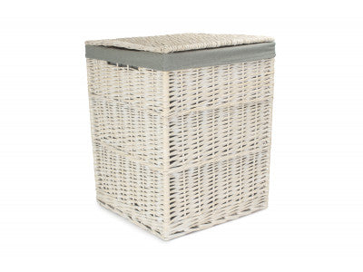 Basket, LARGE SQUARE WHITE WASH LAUNDRY HAMPER with GREY SAGE LINING