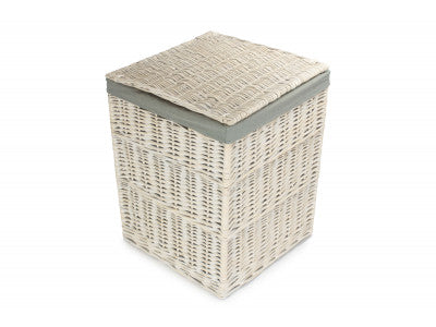 Basket, LARGE SQUARE WHITE WASH LAUNDRY HAMPER with GREY SAGE LINING