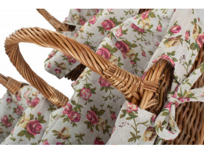 Basket, Set of 3 RECTANGULAR UNPEELED WILLOW SHOPPERS with GARDEN ROSE LINING