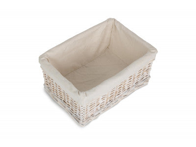 Basket, MEDIUM WHITE WASH WICKER STORAGE BASKET with WHITE LINING