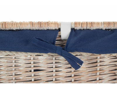 "Basket, 29" WHITE WASH STORAGE HAMPER with NAVY BLUE LINING"