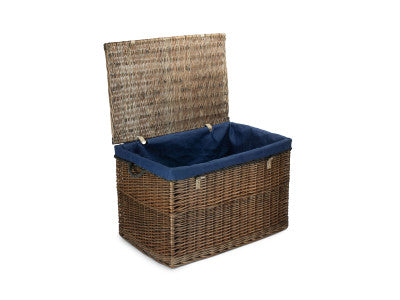 "Basket, 29" ANTIQUE WASH STORAGE HAMPER with NAVY BLUE LINING"