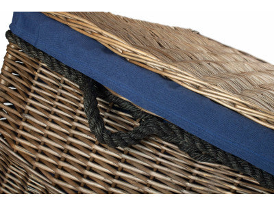 "Basket, 29" ANTIQUE WASH STORAGE HAMPER with NAVY BLUE LINING"