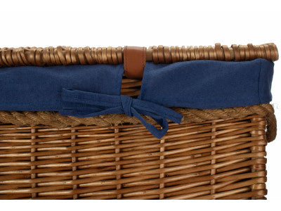 "Basket, 29" LIGHT STEAMED STORAGE HAMPER with NAVY LINING"
