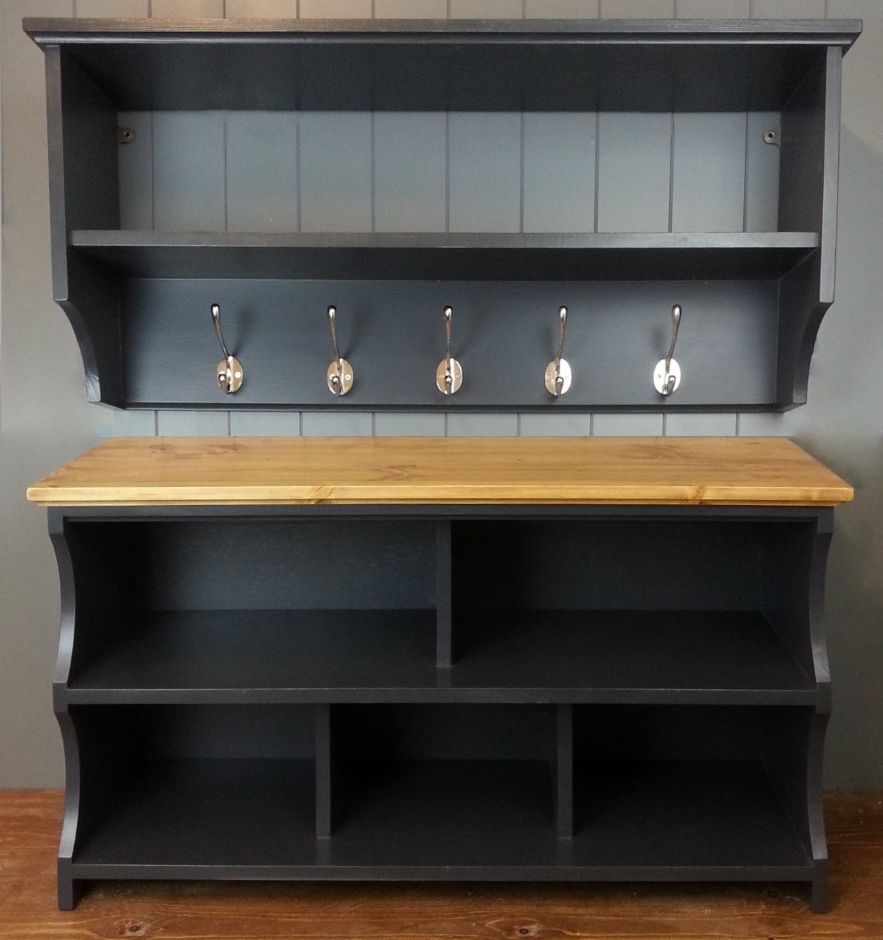 Hallway set: Shoe bench with divided shelving space for es. Coat rack has a shelf and chrome hooks. Painted black