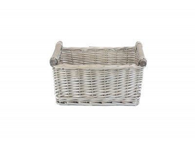 Basket, MEDIUM ANTIQUE WASH WOODEN HANDLED STORAGE BASKET