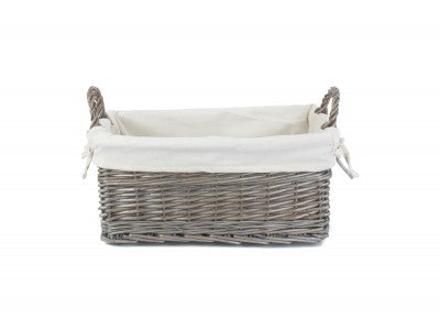 Basket, SMALL SHALLOW ANTIQUE WASH STORAGE BASKET with WHITE LINING