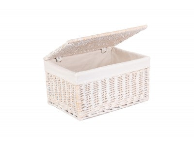 Basket, LARGE WHITE WASH FINISH STORAGE HAMPER with WHITE LINING