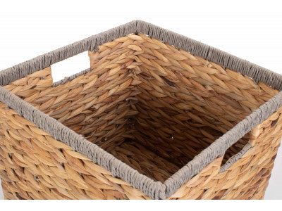 Basket, SMALL SQUARE WATER HYACINTH STORAGE BASKET with GREY ROPE BORDER