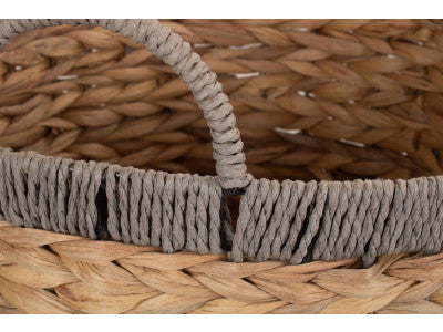 Basket, SMALL ROUND WATER HYACINTH STORAGE BASKET with GREY ROPE BORDER