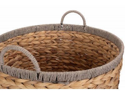 Basket, LARGE ROUND WATER HYACINTH STORAGE BASKET with GREY ROPE BORDER