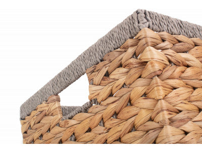 Basket, LARGE WATER HYACINTH RECTANGULAR STORAGE BASKET with GREY ROPE BORDER