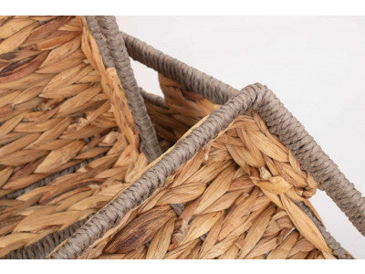 Basket, Set of 3 SHALLOW RECTANGULAR WATER HYACINTH STORAGE BASKETS with GREY ROPE BORDER